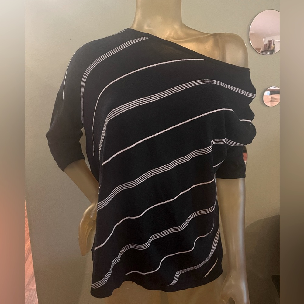 J Jill Navy Blue and White striped shirt size L